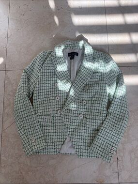 Rachel Zoe Green and White Tweed Double-Breasted Blazer
